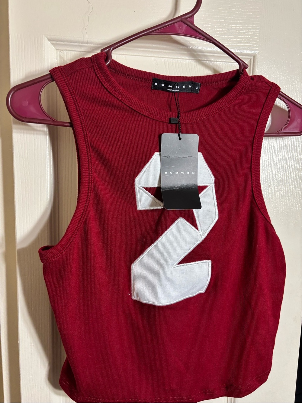 Red Ribbed Tank Top with White Appliqué Number -